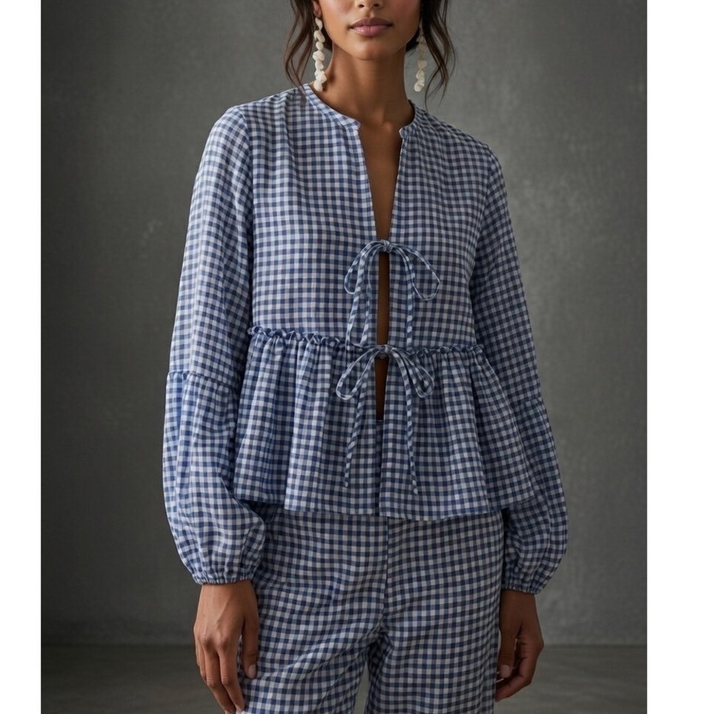 Avec Les Filles‎ Gingham Tie Front Peplum Top Blue White Linen Blend Small